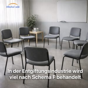 Leere Gruppentherapiestühle im Kreis – Symbol für standardisierte Behandlung im stationären Alkoholentzug
