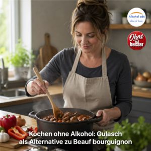 Frau steht in einer warm beleuchteten Küche am Herd und rührt ruhig in einem dampfenden Topf mit Gulasch. Frische Zutaten wie Paprika und Zwiebeln liegen auf der Arbeitsfläche, die Atmosphäre wirkt entspannt, konzentriert und selbstbestimmt.