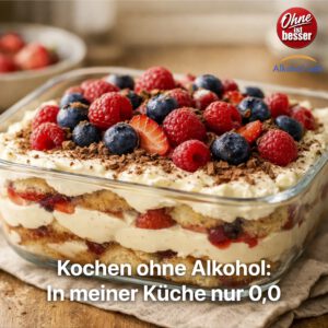 Selbstgemachtes Tiramisu ohne Alkohol mit frischen Beeren in einer Glasschale, aufgenommen in weichem Tageslicht in einer ruhigen Küchenszene