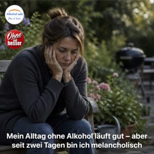 Frau sitzt allein auf einer Holzbank im Garten, den Oberkörper nach vorne gebeugt, das Gesicht in beide Hände gestützt. Ihr Blick ist nach unten gerichtet, die Mimik wirkt traurig und in sich gekehrt. Um sie herum eine ruhige, gepflegte Gartenszene mit Blumen und weichem Grün. Im Hintergrund leicht unscharf ein Grill und Gartenmöbel, die eine eigentlich entspannte Alltagssituation andeuten. Warmes, natürliches Licht trifft auf eine melancholische Stimmung – ein Moment innerer Schwere trotz äußerer Ruhe.