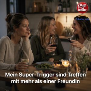 Frau sitzt mit zwei Freundinnen am Tisch, während diese Wein trinken und lachen. Sie selbst hält ein alkoholfreies Getränk und wirkt nachdenklich – typische soziale Situation als Trigger für Alkoholverlangen.