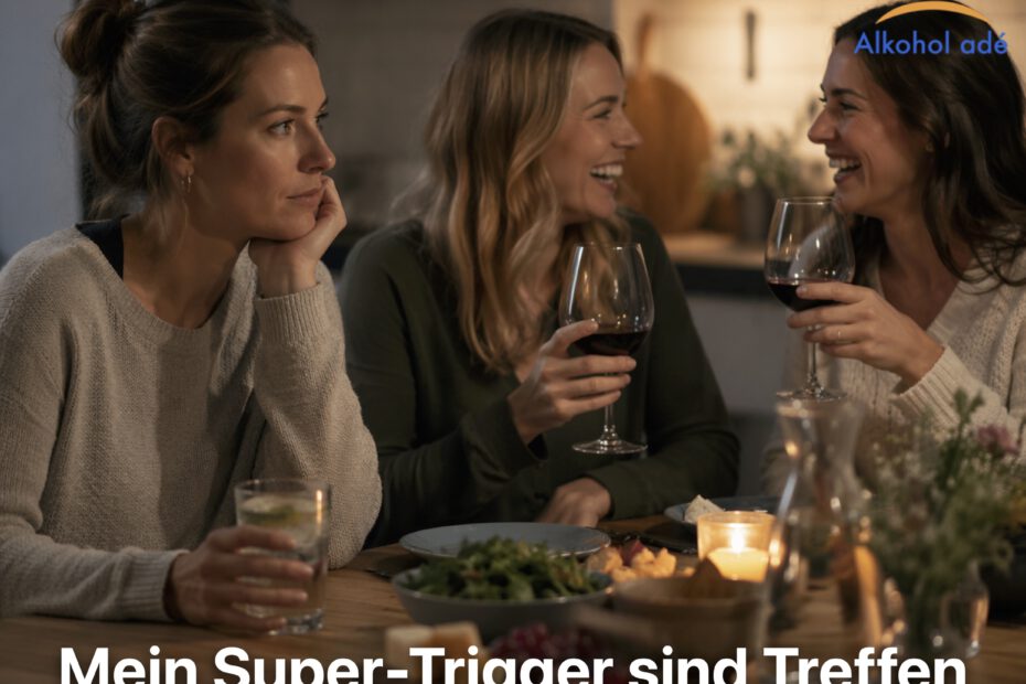 Frau sitzt mit zwei Freundinnen am Tisch, während diese Wein trinken und lachen. Sie selbst hält ein alkoholfreies Getränk und wirkt nachdenklich – typische soziale Situation als Trigger für Alkoholverlangen.