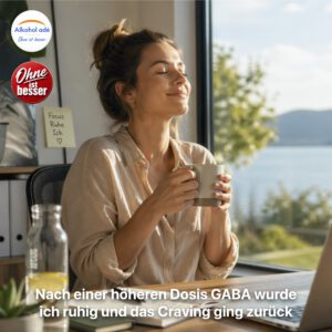 Frau sitzt an einem Schreibtisch am Fenster, hält eine Tasse in beiden Händen und schließt entspannt die Augen. Warmes Tageslicht fällt auf ihr Gesicht, das Ruhe und Zufriedenheit ausstrahlt. Auf dem Tisch liegen Notizbuch und Laptop, daneben ein Glas Wasser mit Zitrone. Im Hintergrund eine ruhige Naturkulisse mit See und Bergen. Atmosphäre: ausgeglichen, fokussiert, innerlich zur Ruhe gekommen.