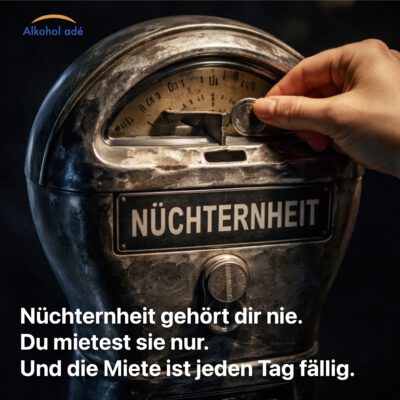Nahaufnahme einer alten, leicht verwitterten Parkuhr im Regen bei Dämmerung. Eine Frauenhand mit dunklem Nagellack hält eine Münze kurz vor dem Einwurf. Auf der Parkuhr steht „NÜCHTERNHEIT“. Weiches Stadtlicht spiegelt sich auf nassem Asphalt im Hintergrund.