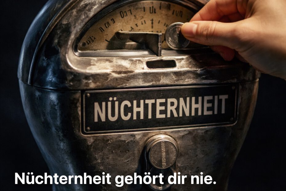 Nahaufnahme einer alten, leicht verwitterten Parkuhr im Regen bei Dämmerung. Eine Frauenhand mit dunklem Nagellack hält eine Münze kurz vor dem Einwurf. Auf der Parkuhr steht „NÜCHTERNHEIT“. Weiches Stadtlicht spiegelt sich auf nassem Asphalt im Hintergrund.