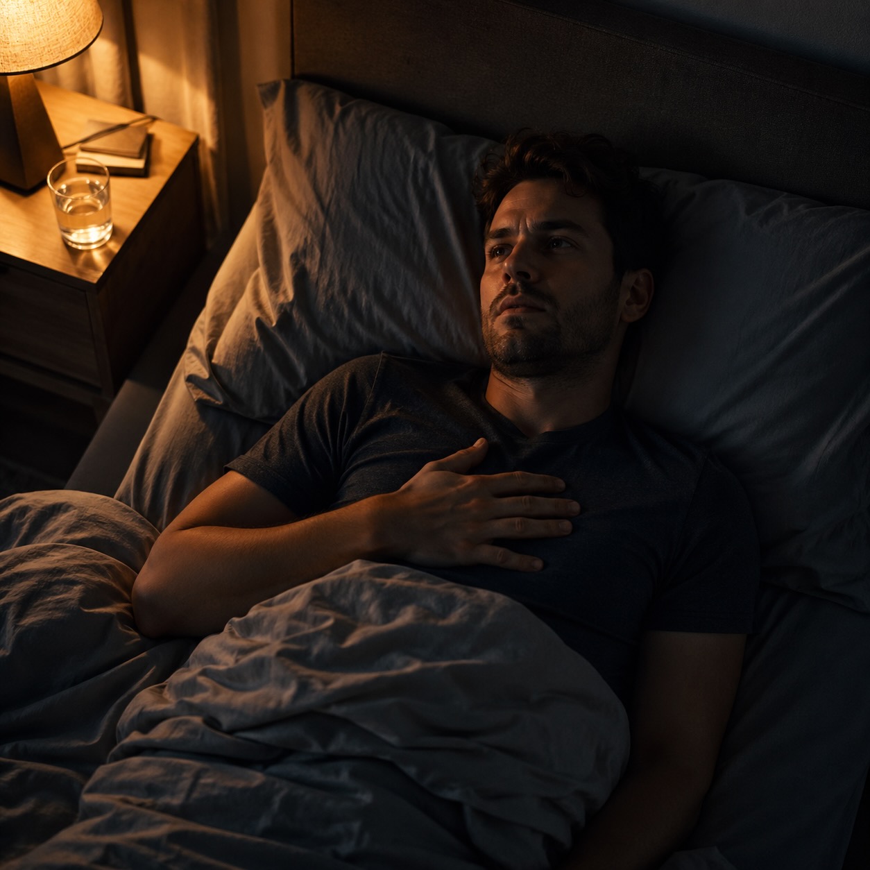 Mann liegt nachts wach – Herzstolpern nach Alkohol