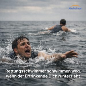 Zwei Personen im offenen Wasser – eine kämpft gegen die Strömung, eine schwimmt bewusst in die entgegengesetzte Richtung