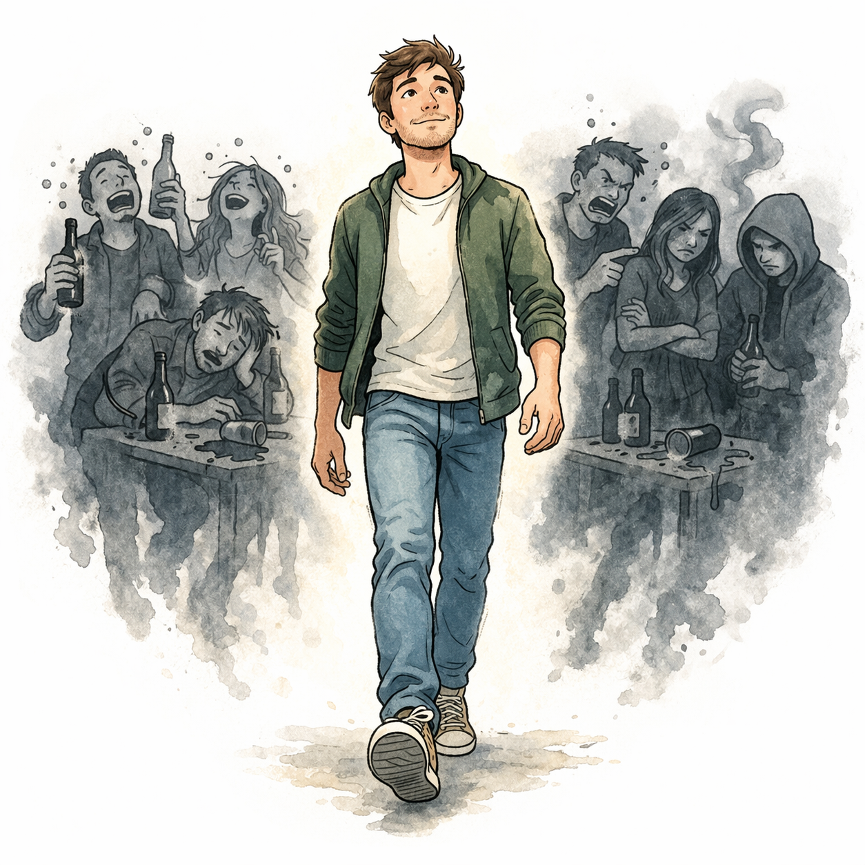 Junger Mann geht selbstbewusst auf den Betrachter zu, während hinter ihm eine graue Gruppe von trinkenden und streitenden Menschen im Hintergrund verblasst – Symbol für den Ausstieg aus Alkohol und ungesunden Freundschaften.