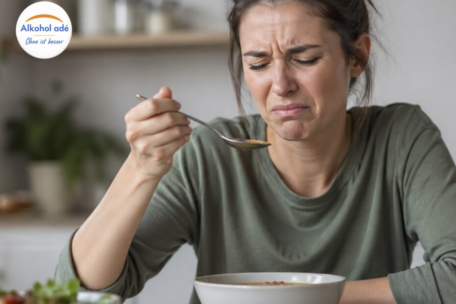 Frau sitzt in heller Küche am Esstisch, probiert skeptisch einen Löffel Suppe und verzieht deutlich das Gesicht, während verschiedene Speisen vor ihr stehen – Sinnbild für veränderten Geschmackssinn nach mehreren Wochen ohne Alkohol.