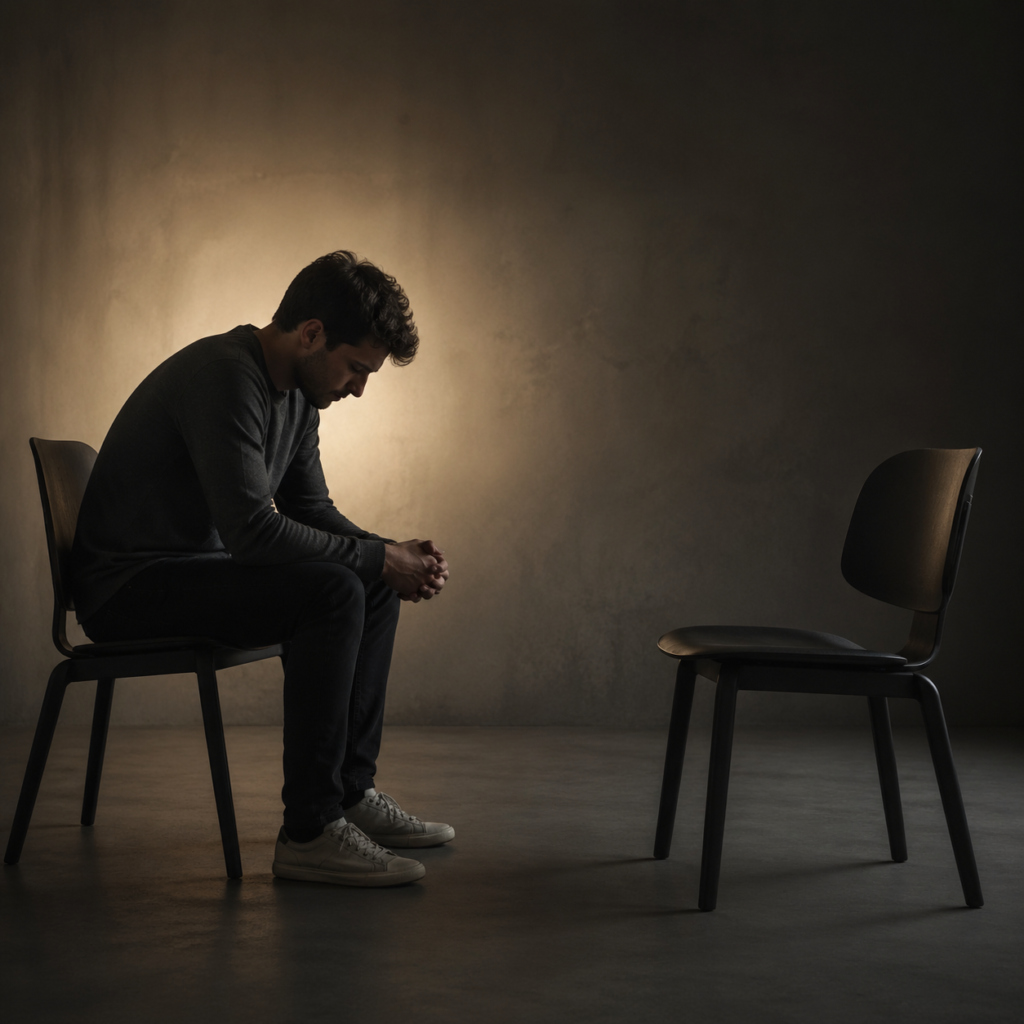 Ein nachdenklicher Mensch sitzt in einem kargen, dämmrigen Raum auf einem schlichten Stuhl, den Oberkörper nach vorn gebeugt, die Hände zwischen den Knien verschränkt und den Blick gesenkt. Ihm gegenüber steht ein leerer Stuhl. Warmes, diffuses Licht hebt die stille, unsichere Atmosphäre hervor und vermittelt das Gefühl von Zweifel, Einsamkeit und der Suche nach der richtigen Hilfe.