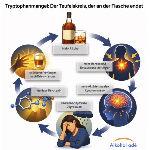 Grafik zum Teufelskreis aus Tryptophanmangel und Alkohol: Mehr Alkohol → mehr Stress und Entzündung im Körper → mehr Aktivierung des Kynureninwegs → weniger Serotonin → stärkere Angst und depressive Verstimmung → stärkeres Verlangen nach Erleichterung → mehr Alkohol.