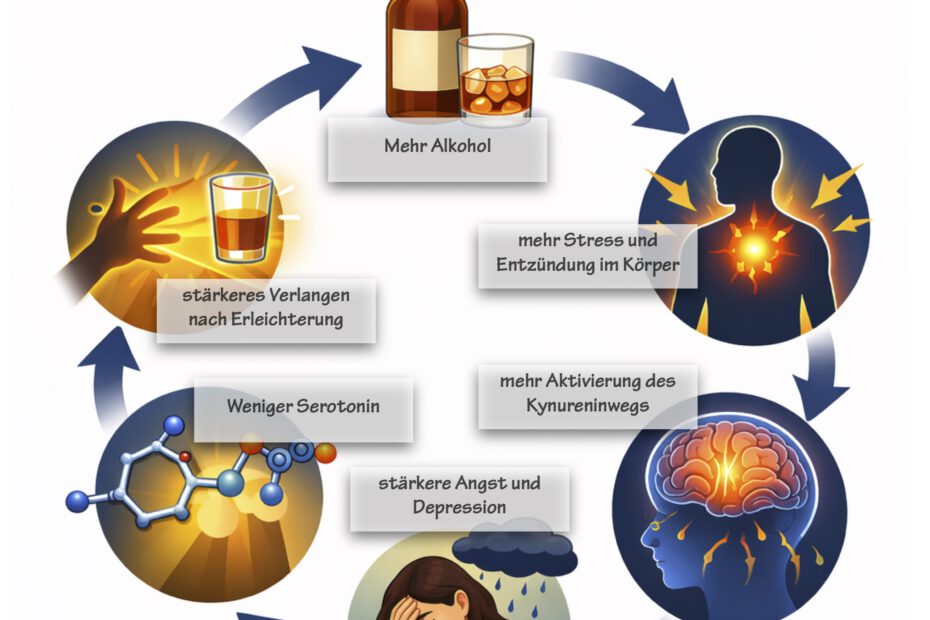 Grafik zum Teufelskreis aus Tryptophanmangel und Alkohol: Mehr Alkohol → mehr Stress und Entzündung im Körper → mehr Aktivierung des Kynureninwegs → weniger Serotonin → stärkere Angst und depressive Verstimmung → stärkeres Verlangen nach Erleichterung → mehr Alkohol.
