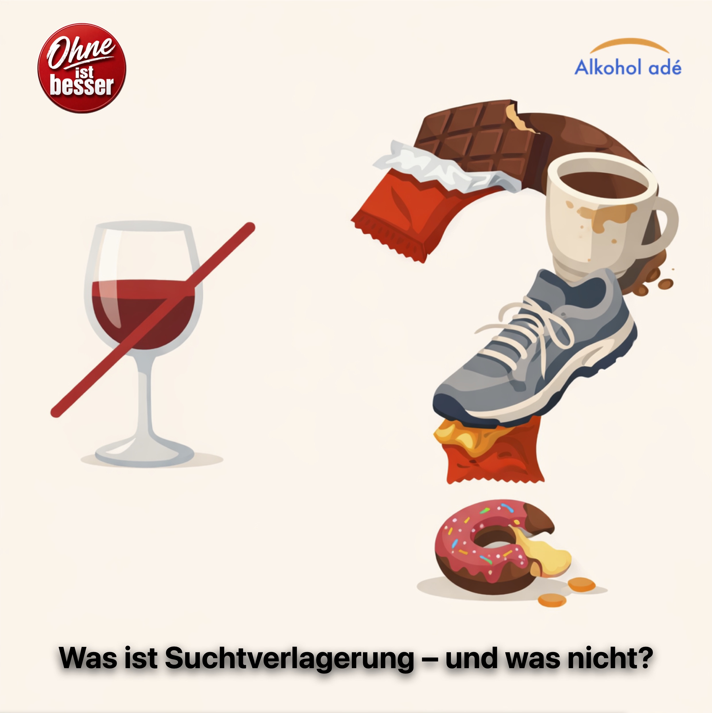 Illustration zum Thema Suchtverlagerung: Durchgestrichenes Weinglas neben einer Fragezeichenform aus Schokolade, Kaffee, Laufschuh und Snacks als mögliche Ersatzgewohnheiten nach Alkoholentzug.