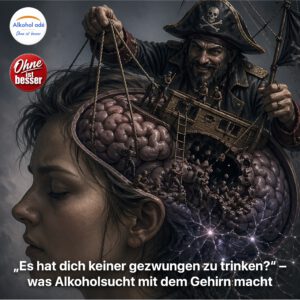 Surreale Szene: Eine Frau im Profil mit geöffnetem Schädel, ihr Gehirn sichtbar. Eine düstere, piratenähnliche Gestalt steht darüber und steuert wie ein Kapitän ein kleines Schiff, das tief in das Gehirn eingedrungen ist. Kleine Figuren wirken wie eine Crew, die das Gewebe zerstört und dunkle Löcher hinterlässt. Die Frau wirkt ruhig, fast abwesend, während ihr Gehirn im Inneren von fremder Kontrolle geprägt ist. Dramatische Lichtstimmung, symbolisch für den Verlust der Selbststeuerung durch Alkohol.