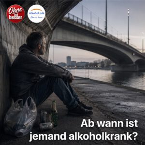 Ein nachdenklicher Mann mittleren Alters sitzt allein unter einer großen Stadtbrücke am Flussufer. Neben ihm stehen leere Bierdosen und eine Flasche in einer Plastiktüte. Die kühle, graue Morgenstimmung und die anonyme Stadtkulisse vermitteln Einsamkeit, Absturz und die stille Warnung, dass Alkoholabhängigkeit jeden treffen kann.