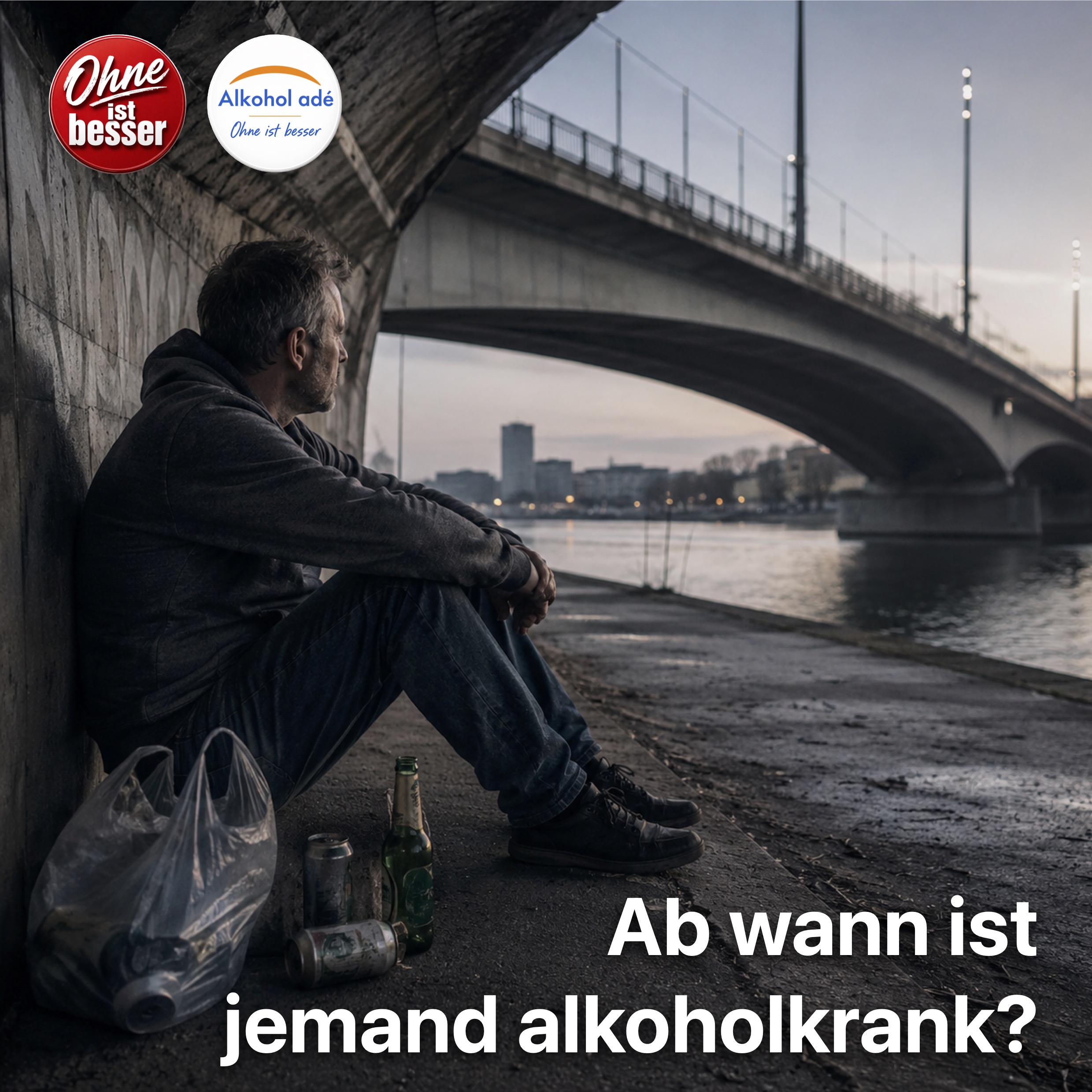 Ein nachdenklicher Mann mittleren Alters sitzt allein unter einer großen Stadtbrücke am Flussufer. Neben ihm stehen leere Bierdosen und eine Flasche in einer Plastiktüte. Die kühle, graue Morgenstimmung und die anonyme Stadtkulisse vermitteln Einsamkeit, Absturz und die stille Warnung, dass Alkoholabhängigkeit jeden treffen kann.