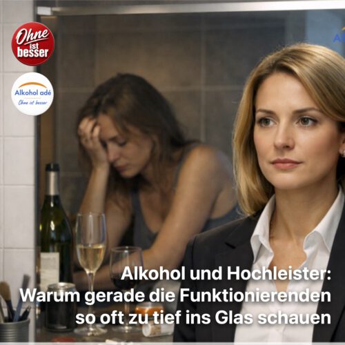 Eine Frau steht morgens fertig angezogen im Badezimmer vor dem Spiegel. Vordergrund: Sie wirkt professionell, gefasst, leicht angespannt, aber „funktionstüchtig“. Hinter ihr, nur als Spiegelreflexion sichtbar: der Abend zuvor angedeutet. Auf der Ablage stehen halb geleerte Wein- oder Sektgläser, eine offene Flasche, eine Schlaftablettenpackung