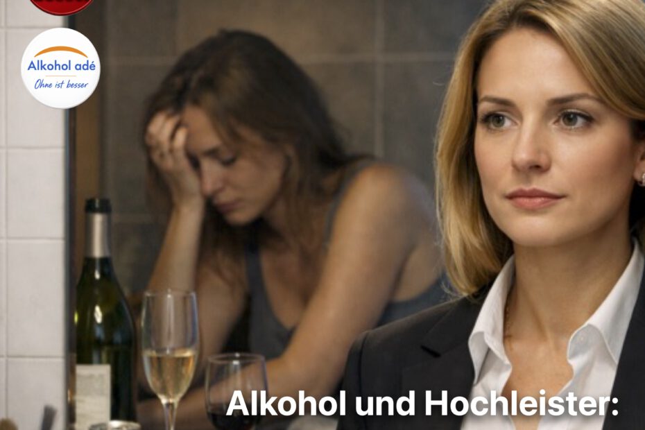 Eine Frau steht morgens fertig angezogen im Badezimmer vor dem Spiegel. Vordergrund: Sie wirkt professionell, gefasst, leicht angespannt, aber „funktionstüchtig“. Hinter ihr, nur als Spiegelreflexion sichtbar: der Abend zuvor angedeutet. Auf der Ablage stehen halb geleerte Wein- oder Sektgläser, eine offene Flasche, eine Schlaftablettenpackung