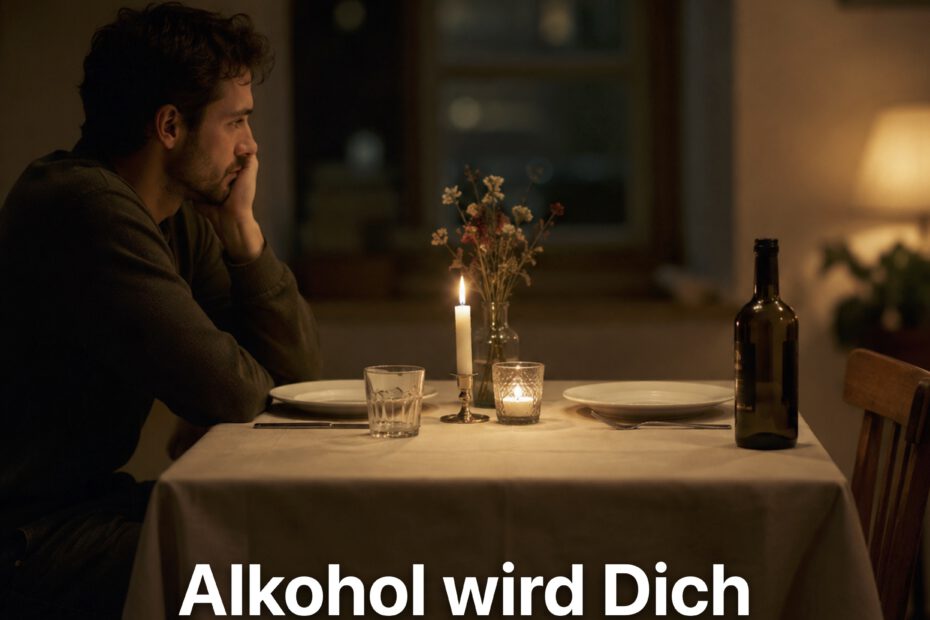 Ein Mann sitzt allein an einem für zwei Personen gedeckten Tisch bei Kerzenschein. Der Platz ihm gegenüber bleibt leer. Neben dem freien Stuhl steht eine dunkle Flasche. Die warme, ruhige Atmosphäre kontrastiert mit der spürbaren Einsamkeit der Szene.