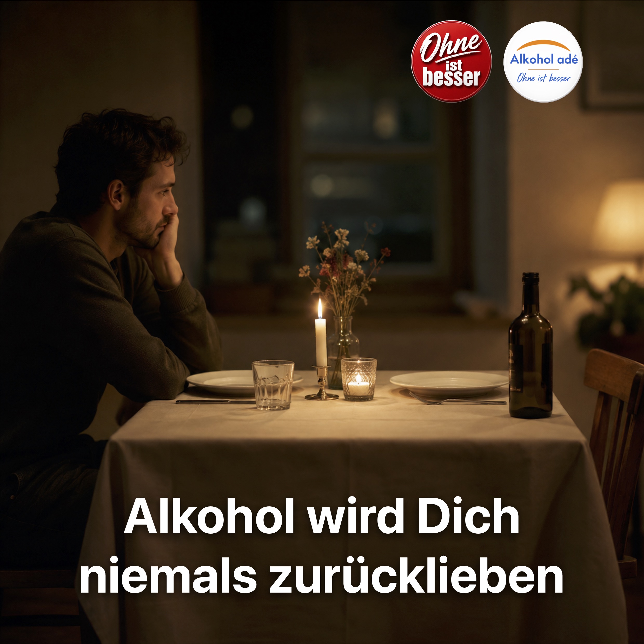 Ein Mann sitzt allein an einem für zwei Personen gedeckten Tisch bei Kerzenschein. Der Platz ihm gegenüber bleibt leer. Neben dem freien Stuhl steht eine dunkle Flasche. Die warme, ruhige Atmosphäre kontrastiert mit der spürbaren Einsamkeit der Szene.