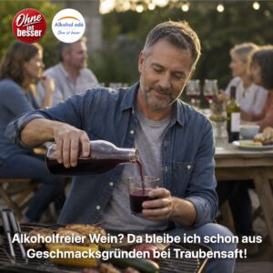 Ein Mann mittleren Alters gießt sich bei einem sommerlichen Grillabend entspannt dunklen Traubensaft in ein Glas ein, während im Hintergrund andere Gäste mit Weingläsern zusammensitzen. Warmes Abendlicht, Grillgut im Vordergrund, ruhige dokumentarische Atmosphäre.