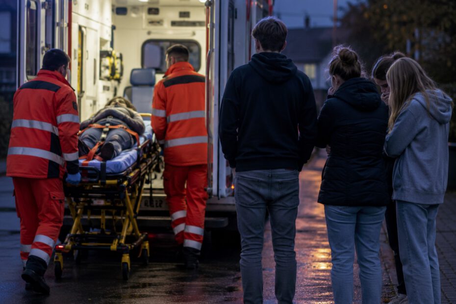 Rettungswagen bei Nacht in einer nassen Wohnstraße. Zwei Sanitäter schieben eine festgeschnallte Person auf einer Bahre in den offenen Krankenwagen. Mehrere Jugendliche stehen etwas abseits mit bedrückter Haltung und beobachten die Szene schweigend. Blaulicht spiegelt sich auf dem regennassen Asphalt.