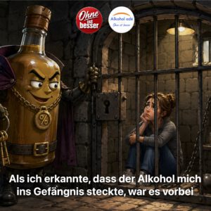 Schnapsflasche als Kerkermeister sperrt eine Frau ein – Sinnbild für Alkoholsucht