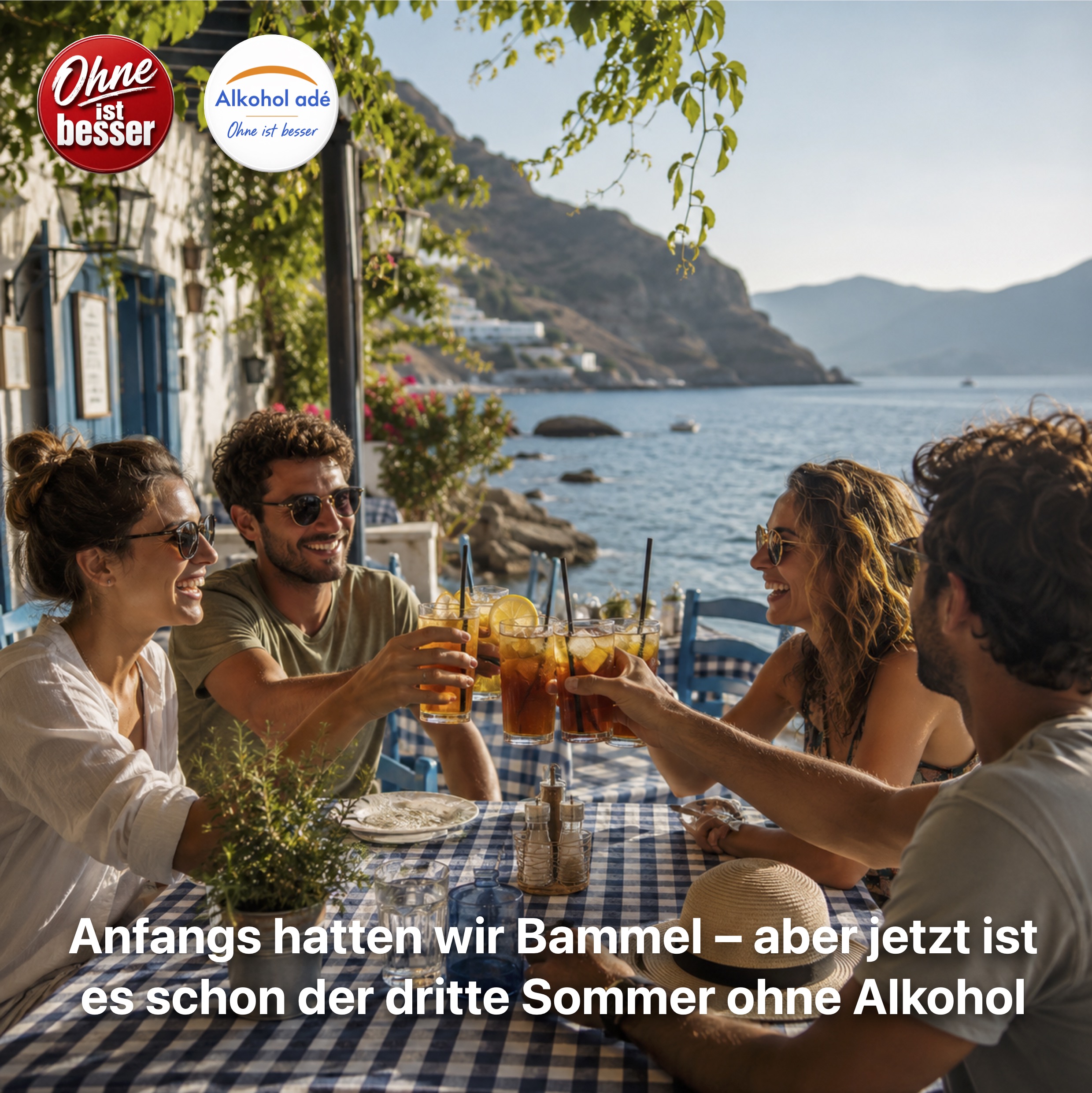 ier Menschen sitzen in einer mediterranen Taverne direkt am Meer und stoßen bei warmem Abendlicht mit großen Gläsern Eistee an. Die Stimmung wirkt entspannt und fröhlich, im Hintergrund glitzert das Wasser vor einer felsigen Küstenlandschaft. Keine alkoholischen Getränke sichtbar.