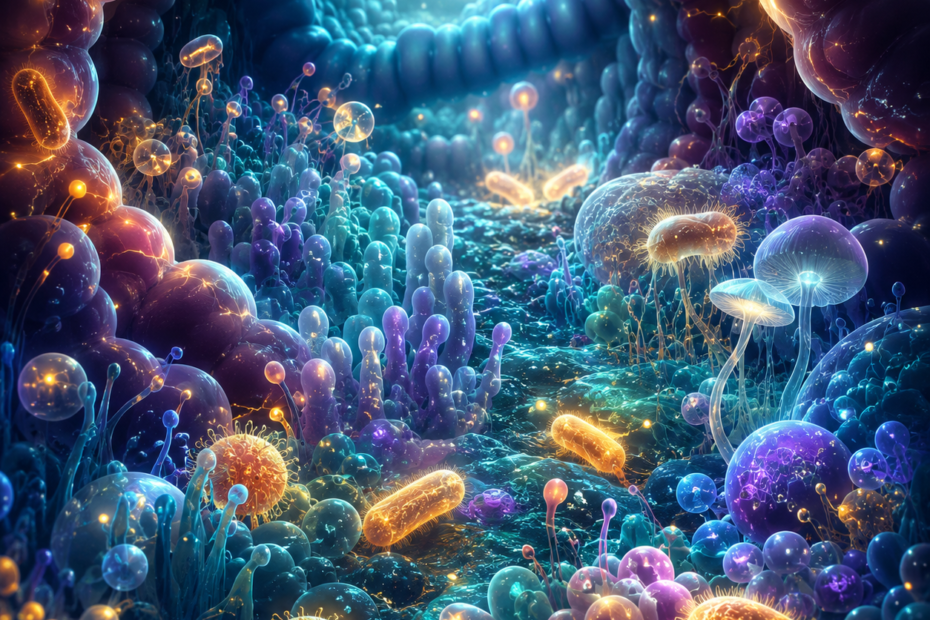 Künstlerische Darstellung der Darmflora: Eine leuchtende, biolumineszente Mikrokosmoslandschaft — wie ein Korallenriff in Miniatur, warm und lebendig. Sanfte organische Formen in Türkis, Violett und warmem Gold, die an Bakterienkolonien erinnern ohne explizit wissenschaftlich zu wirken.