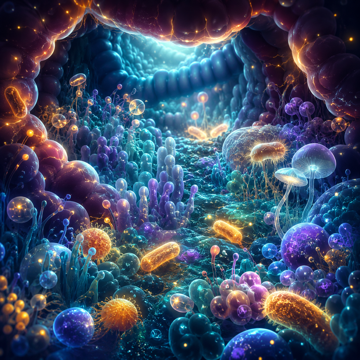 Künstlerische Darstellung der Darmflora: Eine leuchtende, biolumineszente Mikrokosmoslandschaft — wie ein Korallenriff in Miniatur, warm und lebendig. Sanfte organische Formen in Türkis, Violett und warmem Gold, die an Bakterienkolonien erinnern ohne explizit wissenschaftlich zu wirken.