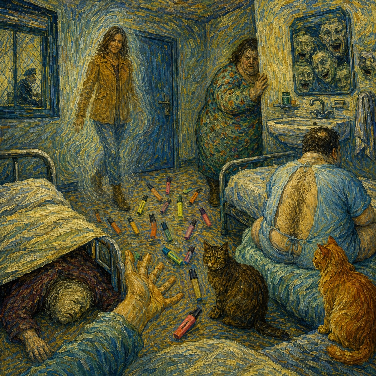 Surreale Krankenhauszimmerszene im Stil von Vincent van Gogh: Eine Frau in brauner Wildlederjacke scheint geisterhaft durch die Wand zu treten, während eine bedrohlich übergewichtige Gestalt hinter einem Vorsprung hervorlugt. Im Spiegel lachen verzerrte Fratzen. Auf dem Boden liegen bunte Stabilo-Stifte wie in einem grotesken Tanz verteilt. Unter einem Bett ragt der Körper einer alten Frau hervor. Zwei Katzen sitzen im Vordergrund und schauen aufmerksam zum Betrachter. Ein schwerer Mann im offenen OP-Hemd sitzt mit dem Rücken zur Szene auf einem Krankenbett. Das ganze Bild wirkt wirbelnd, fiebrig und halluzinatorisch – wie ein Albtraum während eines Alkoholdelirs.