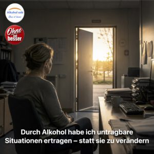 Frau sitzt allein in einem Büro und blickt nachdenklich zu einer offenstehenden Tür, durch die warmes Abendlicht hereinfällt. Die Szene vermittelt das Gefühl, zwischen Ausharren und Veränderung wählen zu können.