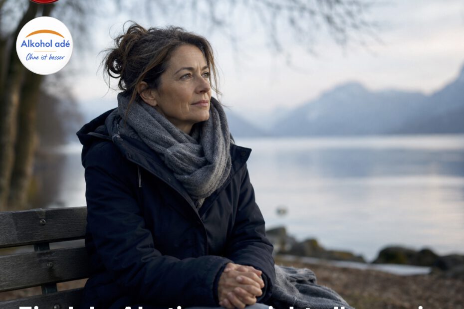 Nachdenkliche Frau mittleren Alters sitzt an einem ruhigen See auf einer Parkbank. Kühl-graues Morgenlicht, Schal und Winterjacke, ernster aber gefasster Gesichtsausdruck. Die Stimmung wirkt ruhig, ehrlich und melancholisch – kein künstliches Lächeln, sondern stille Zuversicht nach einem Jahr Abstinenz.