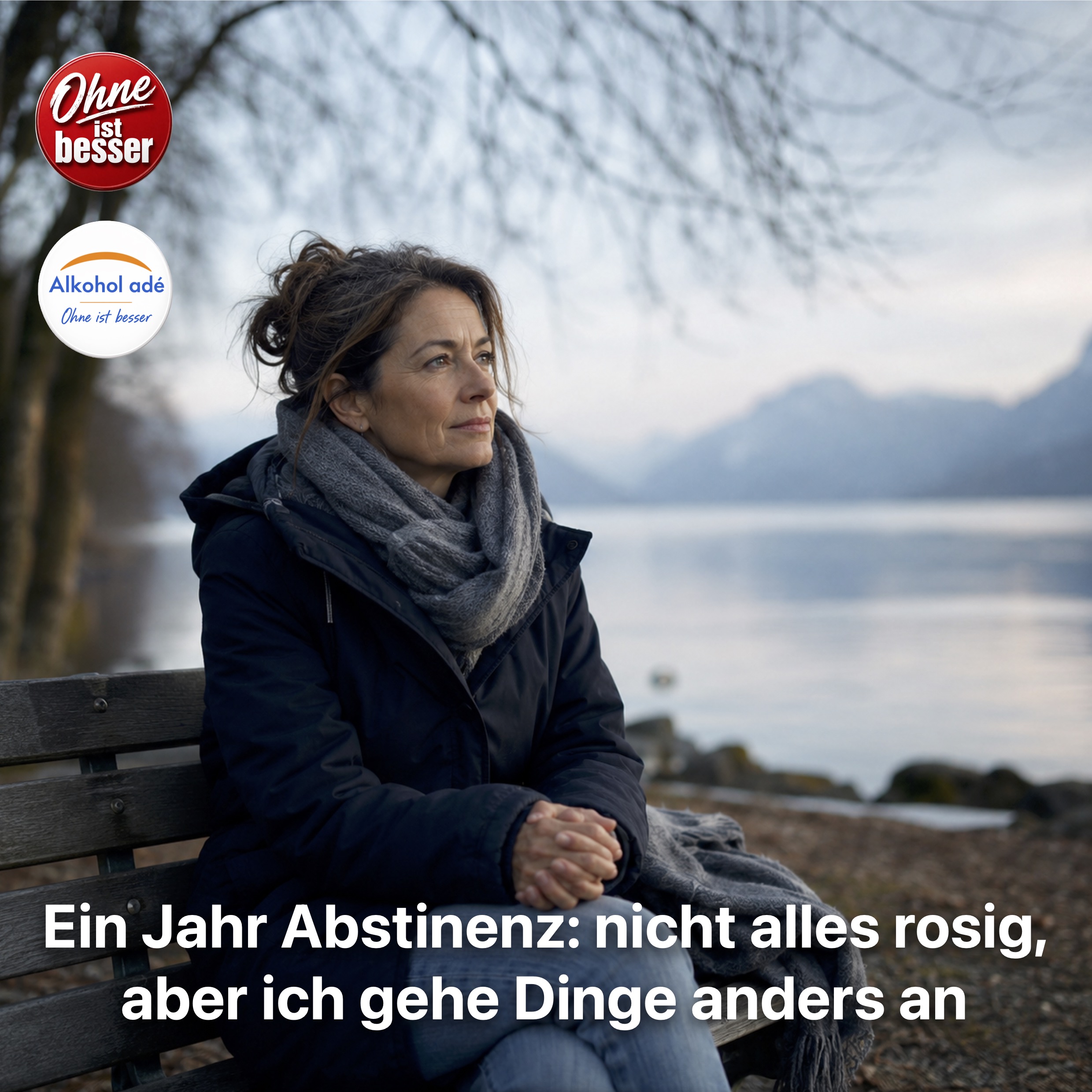 Nachdenkliche Frau mittleren Alters sitzt an einem ruhigen See auf einer Parkbank. Kühl-graues Morgenlicht, Schal und Winterjacke, ernster aber gefasster Gesichtsausdruck. Die Stimmung wirkt ruhig, ehrlich und melancholisch – kein künstliches Lächeln, sondern stille Zuversicht nach einem Jahr Abstinenz.