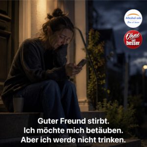 Traurige Frau sitzt nachts allein auf den Stufen vor ihrem Haus und blickt auf ihr Handy. Ihre Augen sind voller Tränen. Neben ihr steht eine Tasse. Die Szene wirkt still, schwer und nachdenklich. Trotz der sichtbaren Trauer vermittelt das Bild den Eindruck von Stärke und Durchhaltewillen in einem schwierigen Moment.