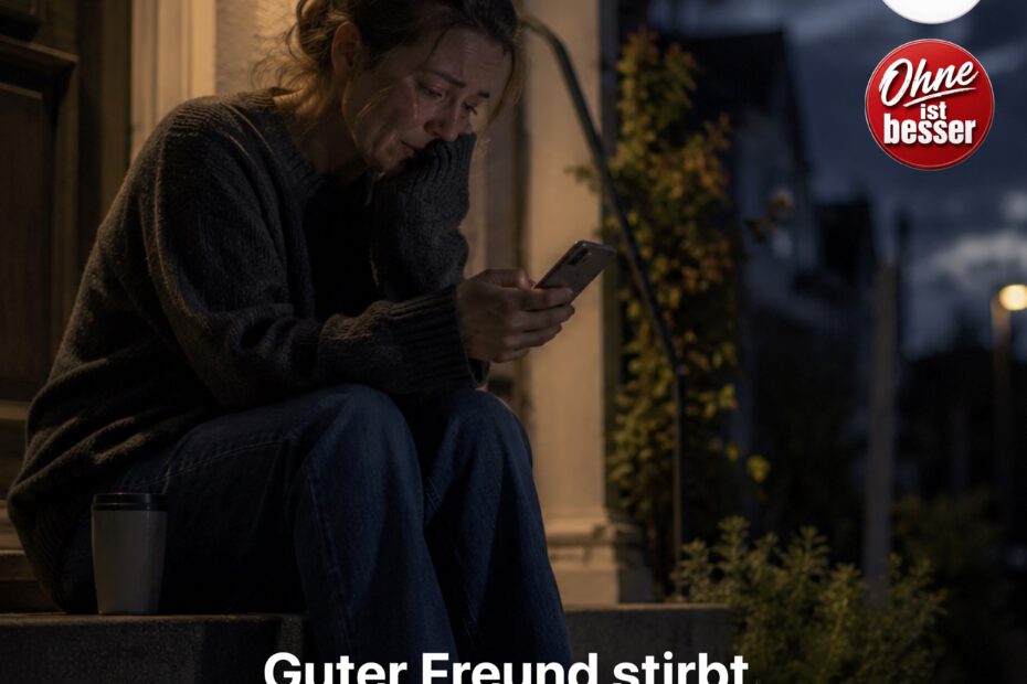 Traurige Frau sitzt nachts allein auf den Stufen vor ihrem Haus und blickt auf ihr Handy. Ihre Augen sind voller Tränen. Neben ihr steht eine Tasse. Die Szene wirkt still, schwer und nachdenklich. Trotz der sichtbaren Trauer vermittelt das Bild den Eindruck von Stärke und Durchhaltewillen in einem schwierigen Moment.