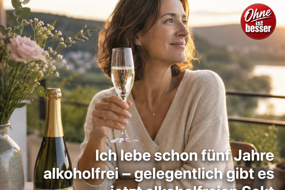 Eine Frau Mitte 40 sitzt entspannt auf einem Balkon in warmem Abendlicht und hält ein Glas alkoholfreien Sekt in der Hand. Vor ihr stehen eine Flasche „0,0 % Sekt“, kleine Snacks und frische Blumen. Die Stimmung wirkt ruhig, zufrieden und selbstbestimmt.