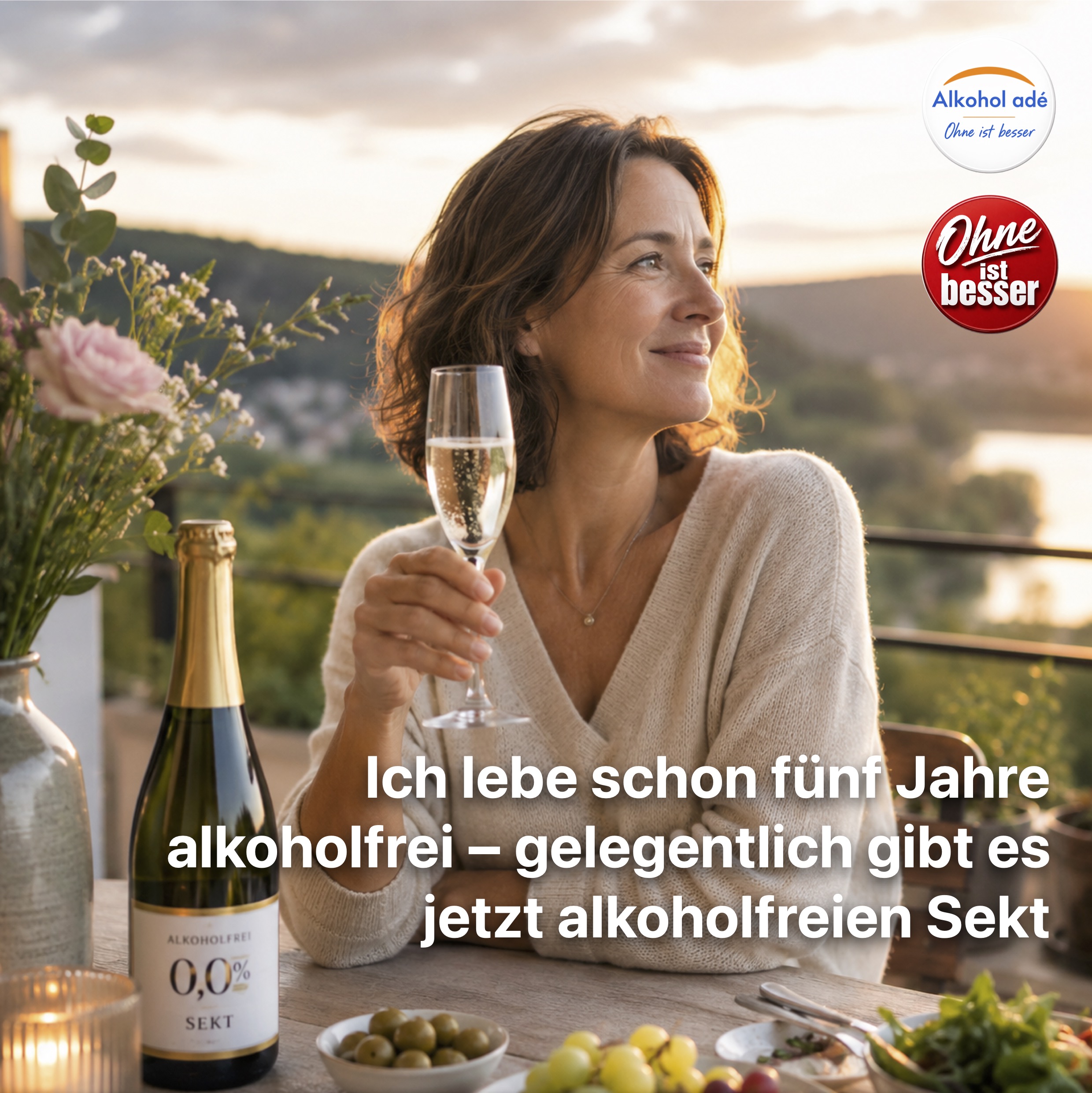 Eine Frau Mitte 40 sitzt entspannt auf einem Balkon in warmem Abendlicht und hält ein Glas alkoholfreien Sekt in der Hand. Vor ihr stehen eine Flasche „0,0 % Sekt“, kleine Snacks und frische Blumen. Die Stimmung wirkt ruhig, zufrieden und selbstbestimmt.