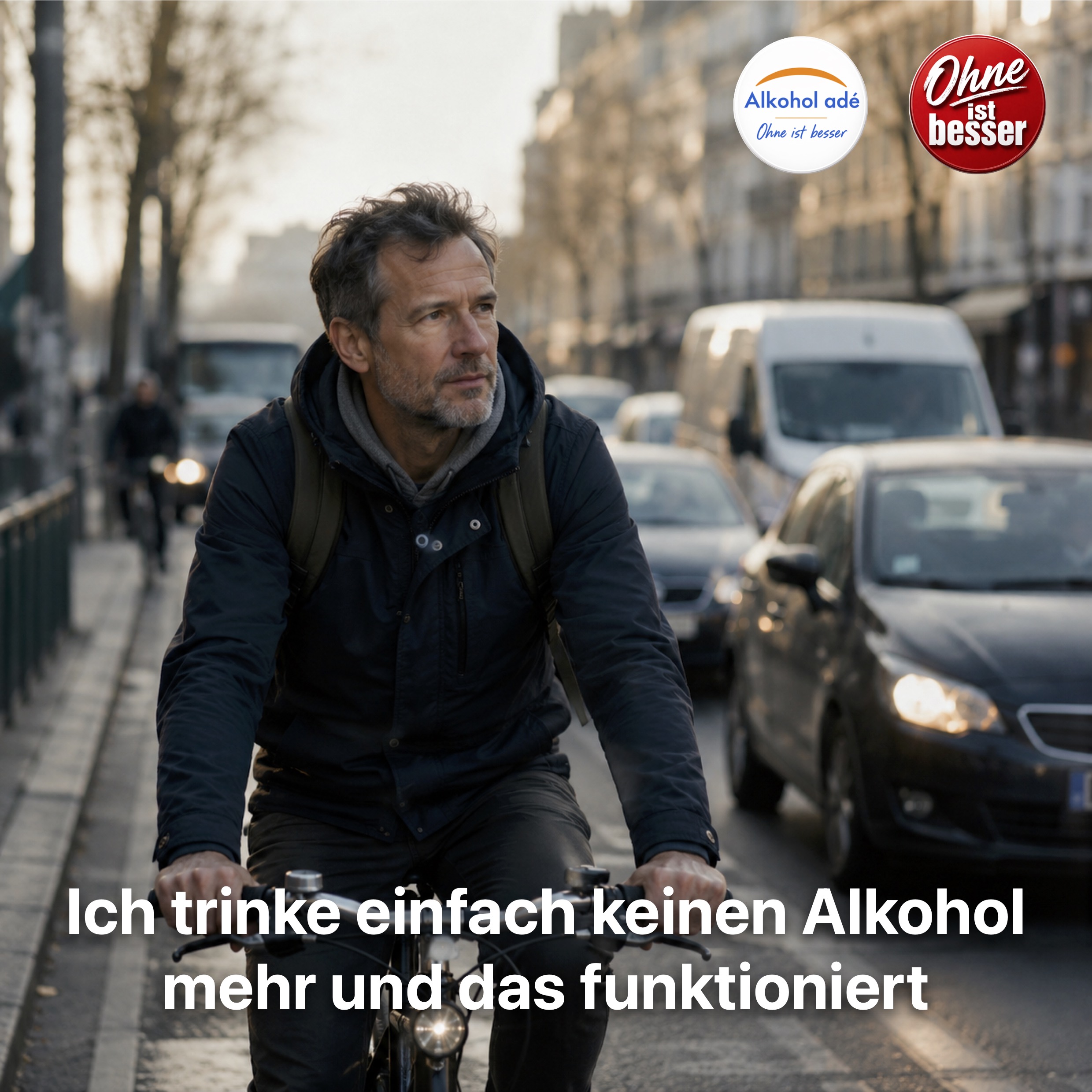 Ein Mann mittleren Alters fährt morgens mit dem Fahrrad durch dichten Stadtverkehr. Er wirkt ruhig, konzentriert und gelassen. Autos und Häuser verschwimmen im Hintergrund, die Szene vermittelt Alltag, Freiheit und ein nüchternes, stabiles Leben ohne dramatische Symbolik.