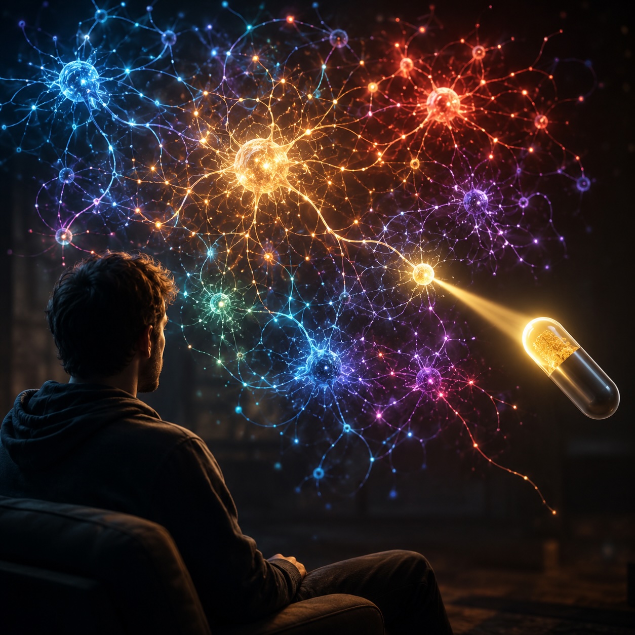 Ein nachdenklicher Mann sitzt im Halbdunkel und blickt auf ein komplexes, farbig leuchtendes Netzwerk aus neuronalen Verbindungen. Eine einzelne Kapsel beleuchtet nur einen kleinen Teil dieses Systems, während viele andere Bereiche weiter aktiv bleiben. Das Bild symbolisiert, dass Alkohol viele verschiedene Botenstoffsysteme im Gehirn gleichzeitig beeinflusst und deshalb keine einzelne „Wunderpille“ alle Probleme lösen kann.