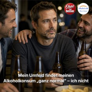 Nachdenklicher Mann sitzt abends mit zwei Freunden bei Bier in geselliger Runde. Während die anderen lachen und entspannt wirken, schaut er still und innerlich distanziert zur Seite. Ein Freund legt ihm freundschaftlich die Hand auf die Schulter. Warmes Abendlicht, Kneipen- oder Terrassenatmosphäre.