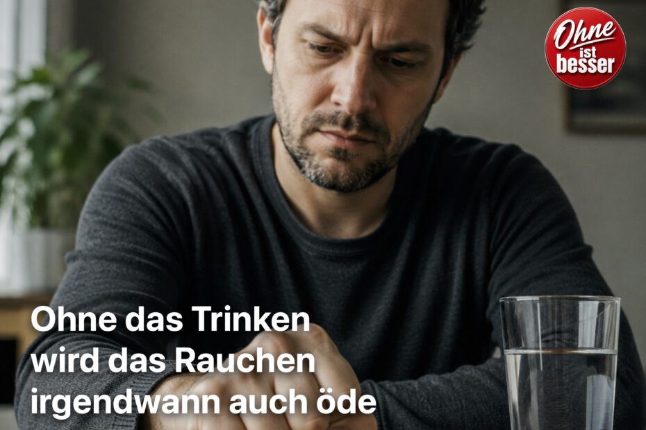 Ein Mann sitzt an einem Holztisch und drückt mit entschlossener Miene eine Zigarette aus. Neben ihm steht ein Glas Wasser. Die Szene wirkt ruhig, ernst und konzentriert. Gedämpftes Licht und natürliche Farben unterstreichen den Moment des bewussten Abschieds vom Rauchen.