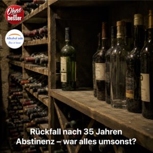 Gefülltes Weinregal im Keller – Symbol für jahrelange Abstinenz und den Moment des Rückfalls
