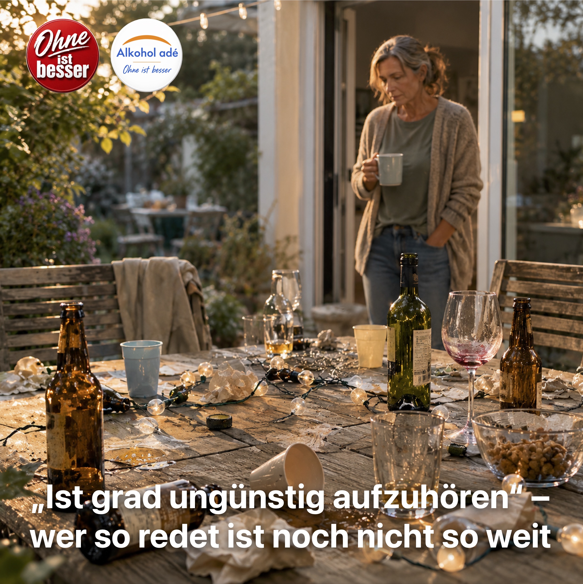 Eine Frau Mitte 50 steht am Morgen nach einer Gartenparty mit einer Kaffeetasse in der offenen Terrassentür und blickt nachdenklich auf einen verwüsteten Gartentisch voller leerer Bier- und Weinflaschen, Gläser und zerknüllter Servietten. Warmes Morgenlicht, ruhige melancholische Stimmung.