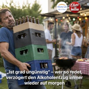 Mann schleppt mehrere schwere Bierkisten zu einer Grillparty im Garten, während im Hintergrund Freunde feiern und lachen. Seine angestrengte Körperhaltung kontrastiert mit der scheinbar lockeren Stimmung der Feier. Photorealistisches Bild in warmer Abendstimmung.