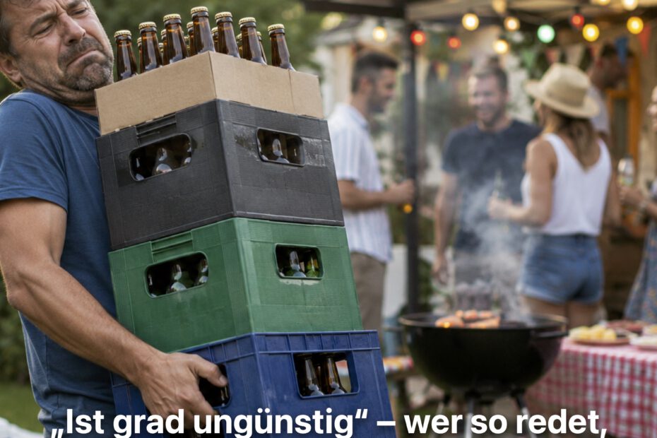 Mann schleppt mehrere schwere Bierkisten zu einer Grillparty im Garten, während im Hintergrund Freunde feiern und lachen. Seine angestrengte Körperhaltung kontrastiert mit der scheinbar lockeren Stimmung der Feier. Photorealistisches Bild in warmer Abendstimmung.