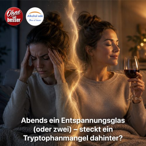 Eine Frau sitzt abends auf einem Sofa. Die linke Bildhälfte zeigt sie angespannt und erschöpft mit den Händen an den Schläfen. Die rechte Bildhälfte zeigt dieselbe Frau entspannt mit geschlossenen Augen und einem Glas Rotwein in der Hand. Eine leuchtende Linie trennt beide Zustände und symbolisiert den Wechsel von innerer Anspannung zu vermeintlicher Entspannung durch Alkohol.
