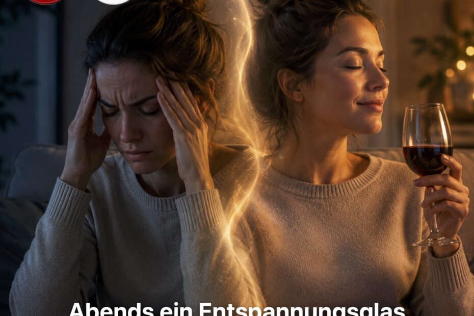 Eine Frau sitzt abends auf einem Sofa. Die linke Bildhälfte zeigt sie angespannt und erschöpft mit den Händen an den Schläfen. Die rechte Bildhälfte zeigt dieselbe Frau entspannt mit geschlossenen Augen und einem Glas Rotwein in der Hand. Eine leuchtende Linie trennt beide Zustände und symbolisiert den Wechsel von innerer Anspannung zu vermeintlicher Entspannung durch Alkohol.