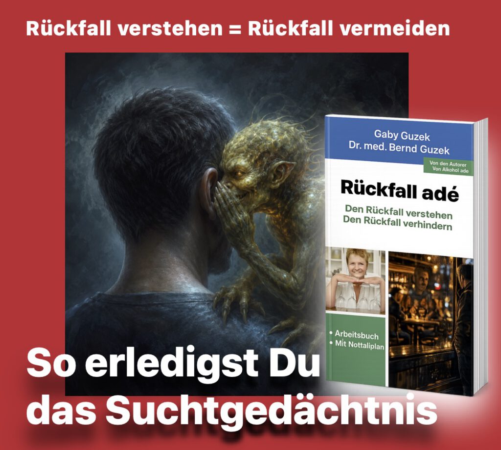 Eine trollartige Gestalt hockt auf der Schulter eines Mannes und flüstert diesem ins Ohr. Symbol für das Suchtgedächtnis eines Alkoholikers. Anzeige für das Buch "Rückfall adè"