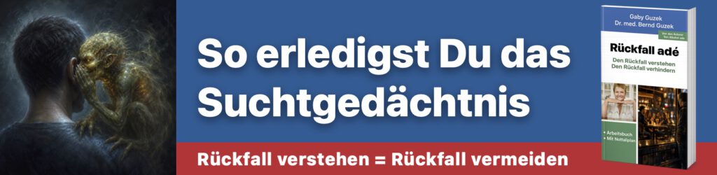 Eine trollartige Gestalt hockt auf der Schulter eines Mannes und flüstert diesem ins Ohr. Symbol für das Suchtgedächtnis eines Alkoholikers. Anzeige für das Buch "Rückfall adè"